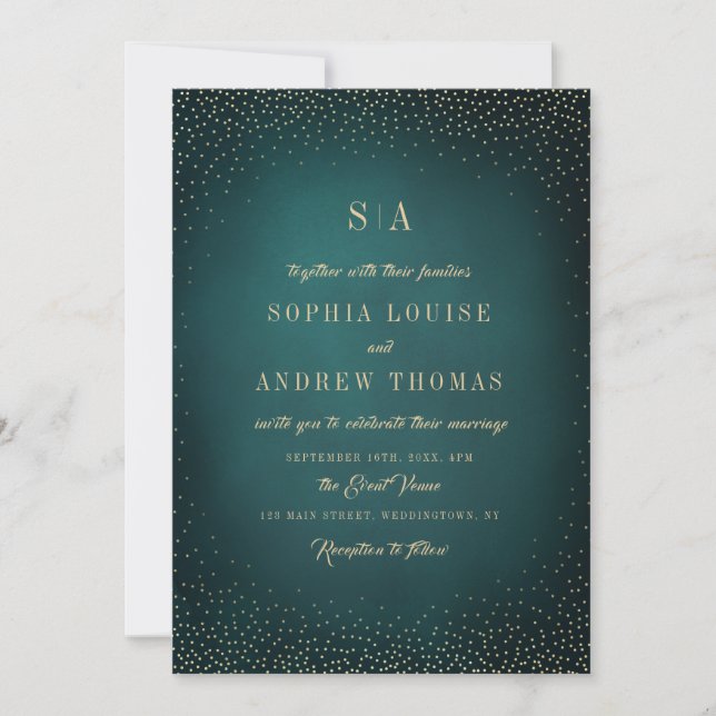 Green Gold Glitter Sophisticated Monogram wedding Invitation (Front)