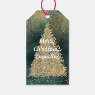 Green Gold Glitter Sparkle Christmas Tree    Gift Tags