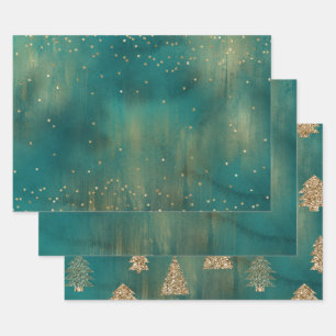 Green Gold Glitter Sparkle Christmas Tree   Wrapping Paper Sheets