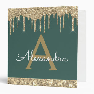 Green Gold Glitter & Sparkle Monogram 3 Ring Binder