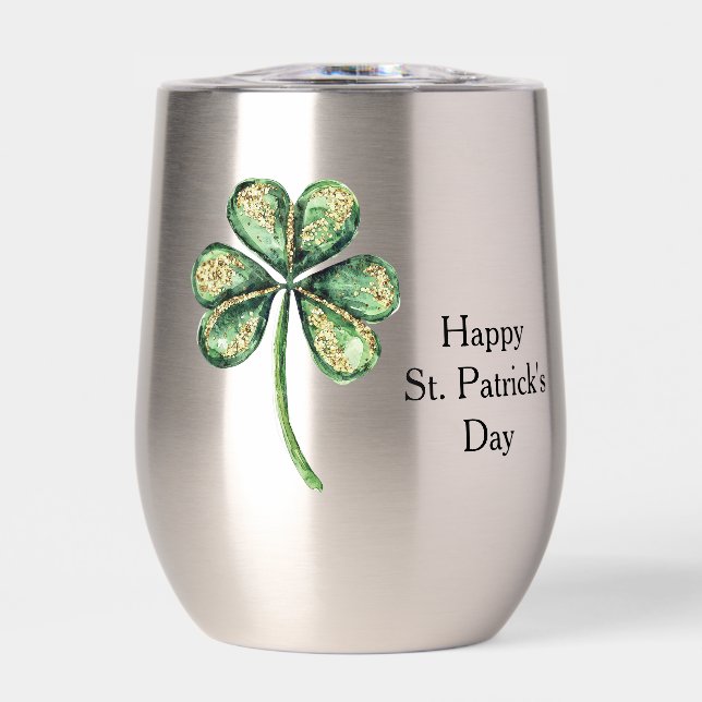 Green Gold Glitz Shamrock St. Patrick's Day Thermal Wine Tumbler (Front)