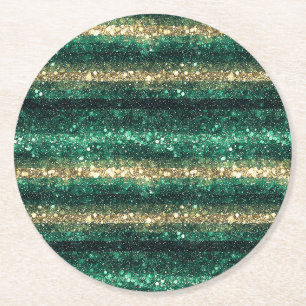 Green Gold Glitzy Glitter St. Patrick's Day Round Paper Coaster