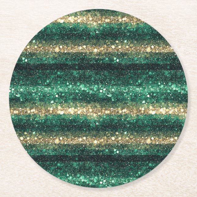 Green Gold Glitzy Glitter St. Patrick's Day   Round Paper Coaster (Front)