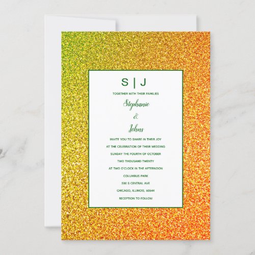 Green Gold Golden Yellow Glitter Ombre Wedding Invitation