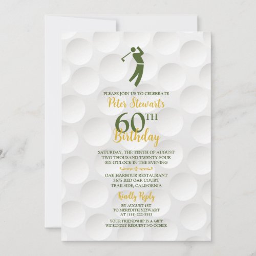 Green Gold Golfball Golfer Golf 60th Birthday Invitation