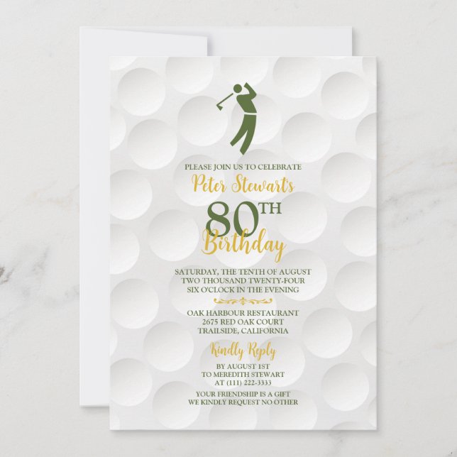 Green Gold Golfball Golfer Golf 80th Birthday Invitation (Front)