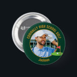 Green Gold Golfer Photo High School Golf Team Button<br><div class="desc">This cool customized high school golf team photo gift features gold typography of your golfer name on a green button with a cute golfing icon. Personalize with your student's photograph and class year as a proud sports parent. A mom and dad can wear these buttons to sports games.</div>