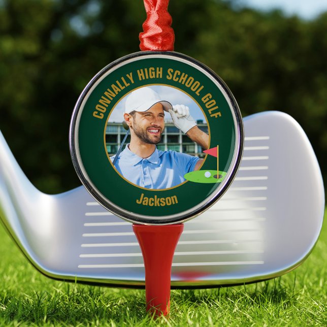 Green Gold Golfer Photo High School Golf Team Metal Ornament (Creator Uploaded)