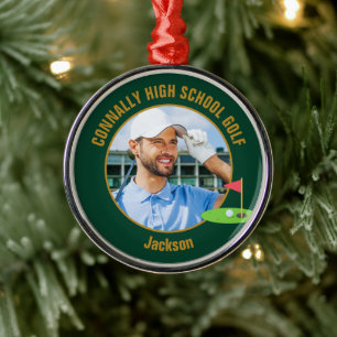 Green Gold Golfer Photo High School Golf Team Metal Ornament