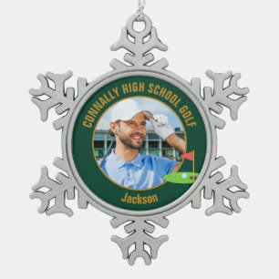 Green Gold Golfer Photo High School Golf Team Snowflake Pewter Christmas Ornament