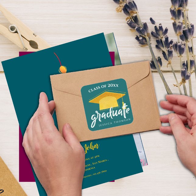 Green Gold Grad Hat Class of 2026 Graduation Square Sticker (Beautiful Green Gold Grad Hat 2024 Graduation Square Sticker)