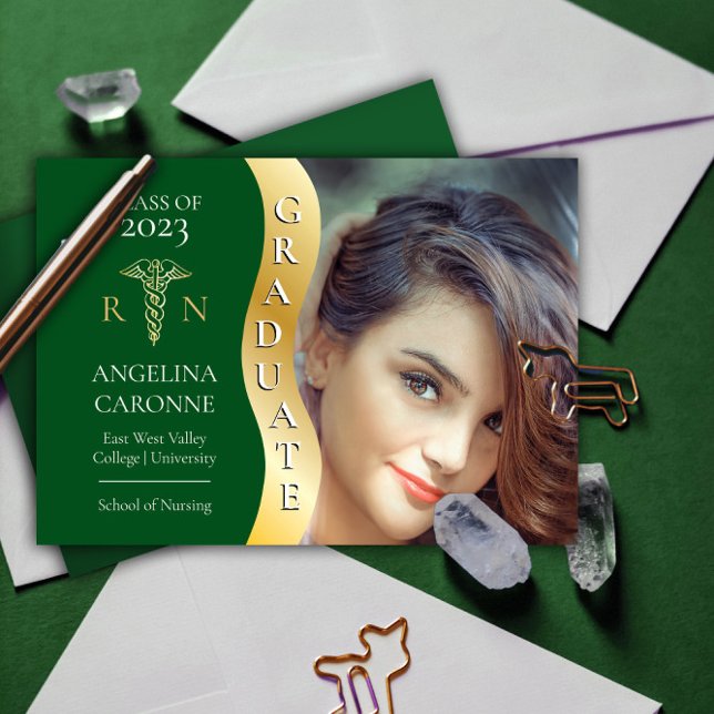 Green |Gold Graduate Wave Caduceus RN Nursing Grad Announcement (Creator Uploaded)