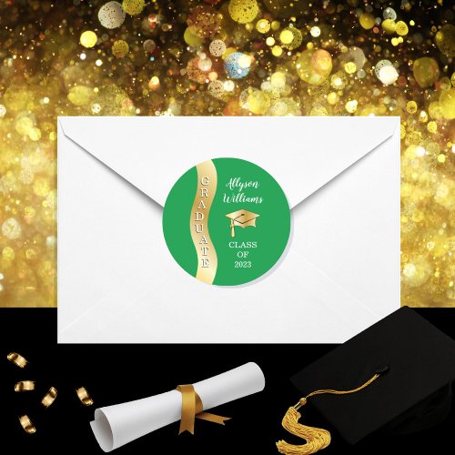 Green  Gold Graduate Wave Grad Cap Classic Round Sticker