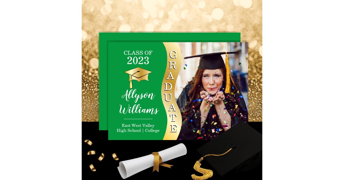Green | Gold Graduate Wave Grad Cap Photo Announcement | Zazzle