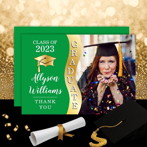Green  Gold Graduate Wave Grad Cap Photo Thank You Card
