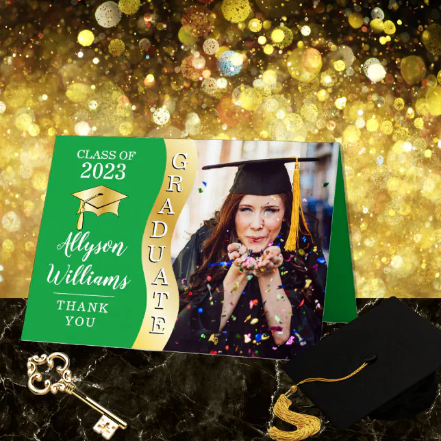 Green | Gold Graduate Wave Grad Cap Photo Thank You Card | Zazzle
