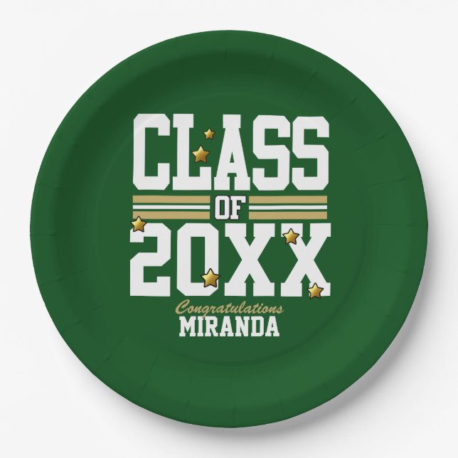 Green|Gold Graduating Class Year Paper Plates (Front)