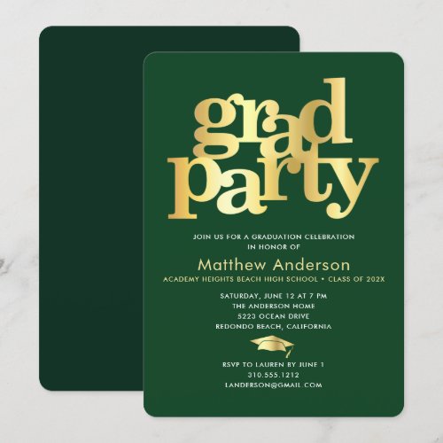 Green Gold Graduation Cap Bold Typography Minimal Invitation