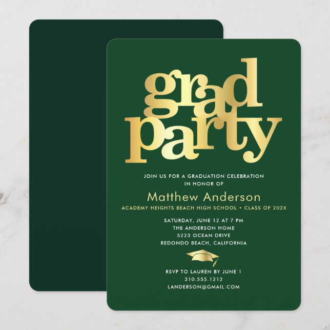 Green Gold Graduation Cap Bold Typography Minimal Invitation (Front/Back)