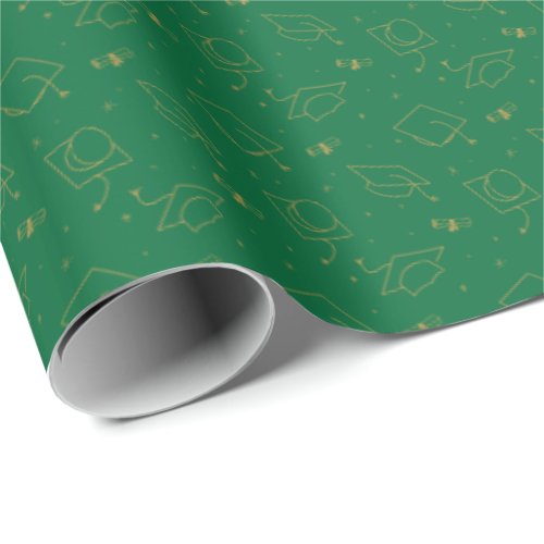Green  Gold Graduation Cap Toss Wrapping Paper