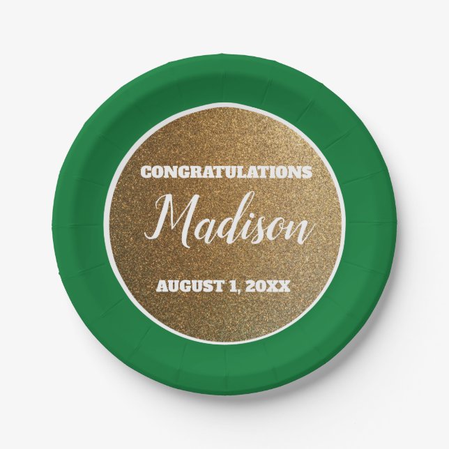 Green Gold Graduation College Trunk Party Paper Plates (Front)