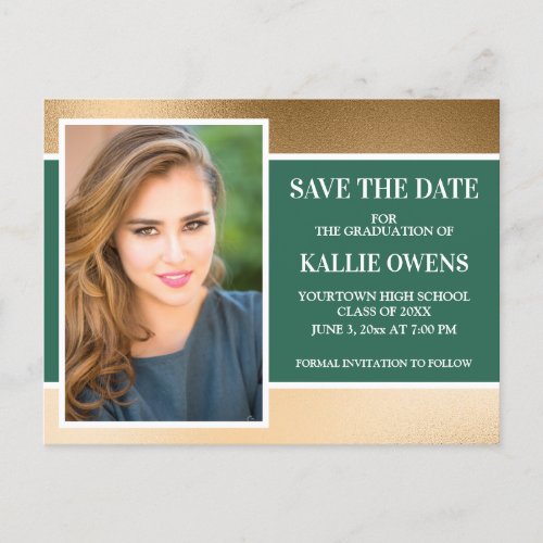 Green Gold Graduation Save the Date Photo Announcement Postcard