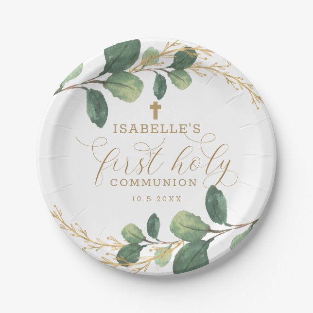 Green Gold Greenery Botanical First Holy Communion Paper Plates (Front)