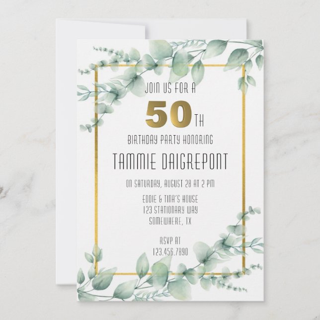 Green Gold Greenery Eucalyptus 50th Birthday Party Invitation (Front)