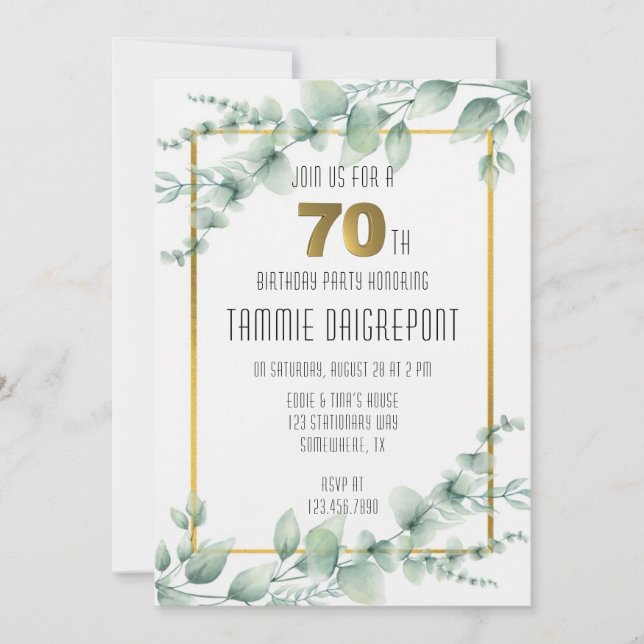 Green Gold Greenery Eucalyptus 70th Birthday Party Invitation (Front)