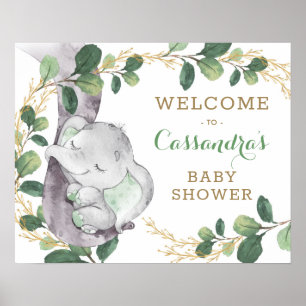 Green Gold Greenery Eucalyptus Elephant Welcome Poster