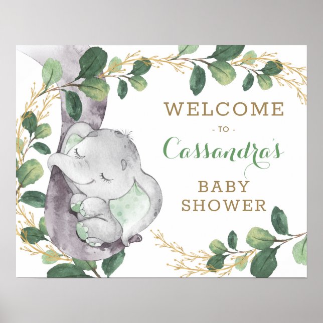 Green Gold Greenery Eucalyptus Elephant Welcome Poster (Front)