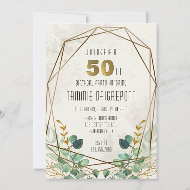Green Gold Greenery Geometric 50th Birthday Party Invitation (Front)