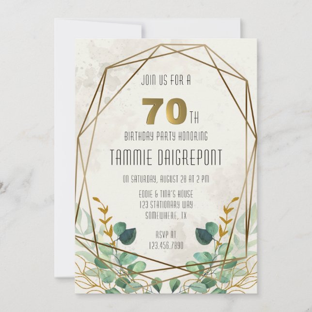 Green Gold Greenery Geometric 70th Birthday Party Invitation (Front)