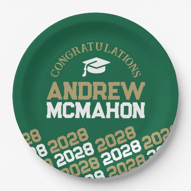 Green & Gold Half Repeat Grad Personalized Paper Plates (Front)