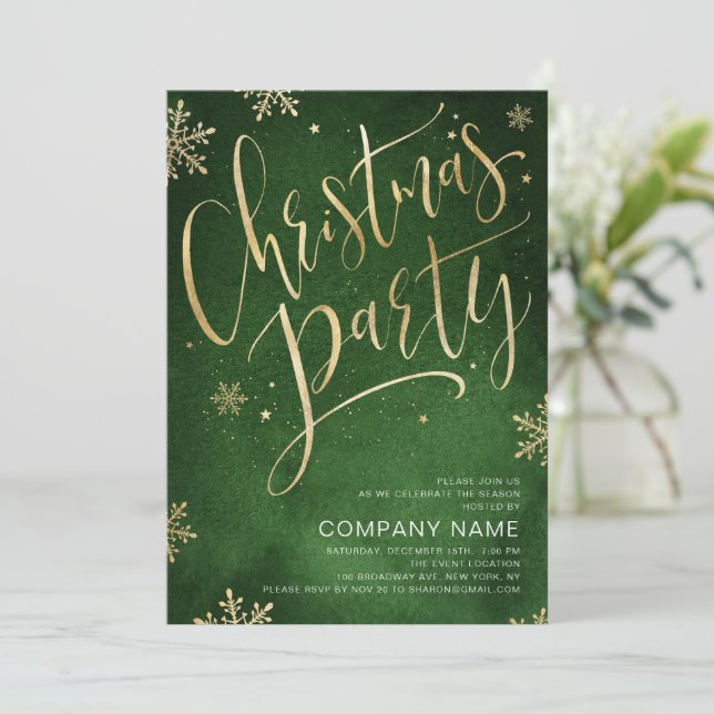 Green gold handwritten calligraphy Christmas Party Invitation (Standing Front)