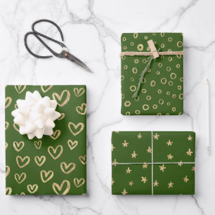 Green Gold Hearts Stars Circles Random Patterns Wrapping Paper Sheets