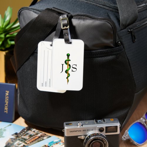Green Gold Herbal Rod of Asclepius Medical Luggage Tag