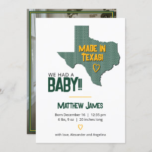 Green/Gold Herringbone Made in Texas Photo Baby Announcement