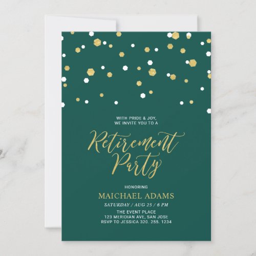 Green  Gold  Hexagon Confetti Retirement Party Invitation