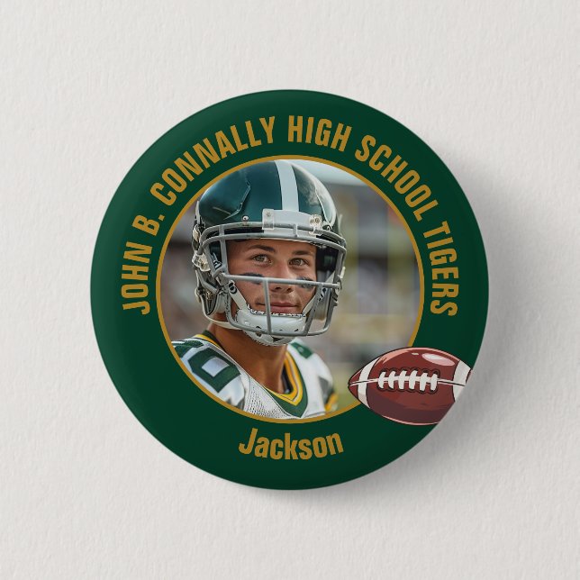 Green Gold High School Football Player Photo Button (Front)