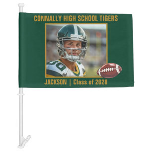 Green Gold High School Football Player Photo Car Flag