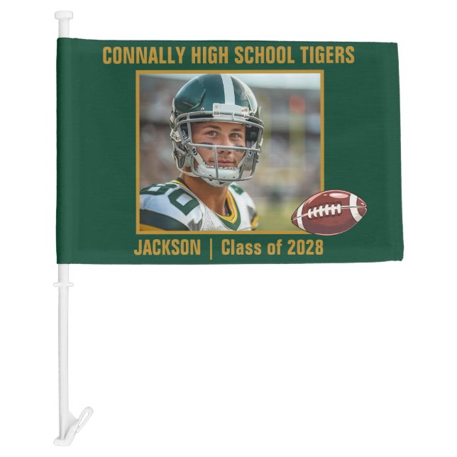 Green Gold High School Football Player Photo Car Flag (Front)