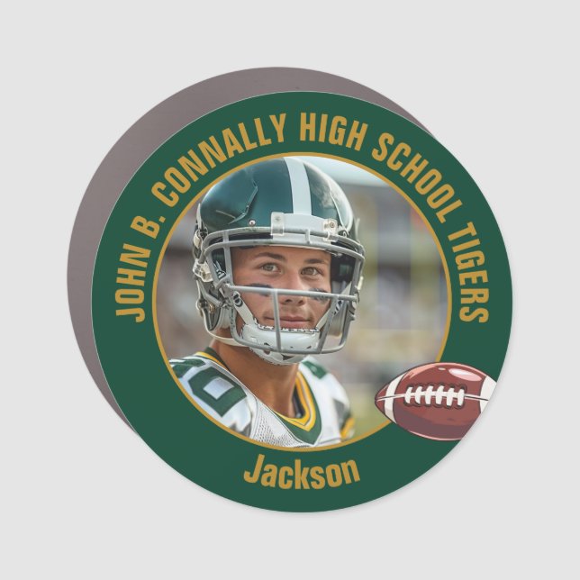 Green Gold High School Football Player Photo Car Magnet (Front)