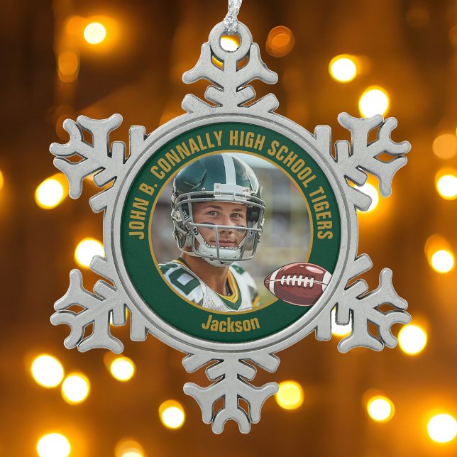 Green Gold High School Football Player Photo Snowflake Pewter Christmas Ornament (Creator Uploaded)