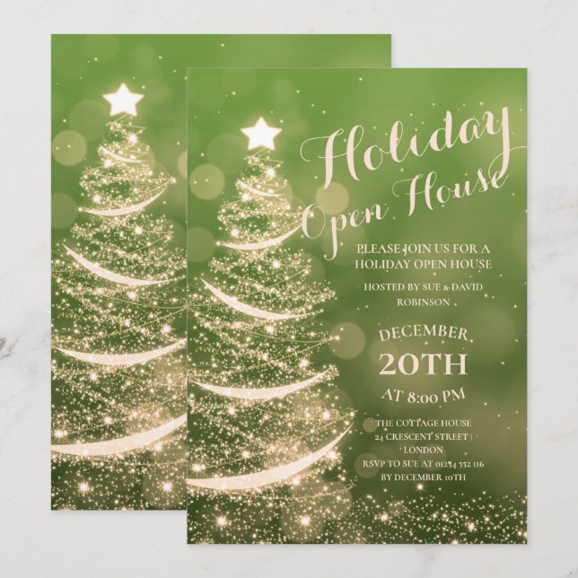 Green & Gold Holiday Open House Party Invitation (Front/Back)