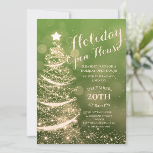 Green & Gold Holiday Open House Party Invitation | Zazzle