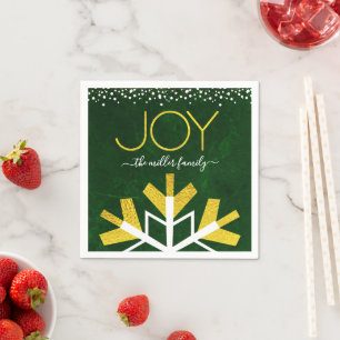 Green Gold Holiday Snowflake Joy Typography Name Napkins