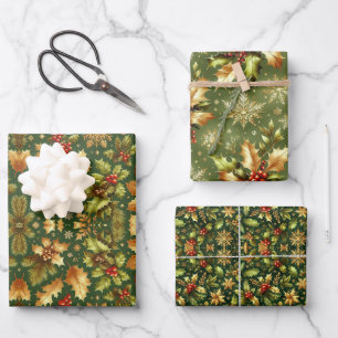 Green & Gold Hollies Christmas Wrapping Paper Sheets