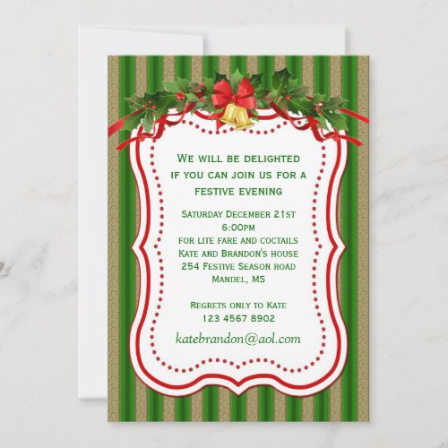 Green gold holly bells Christmas Party Invitation