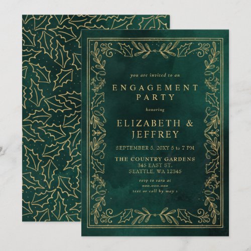 Green Gold Holly Christmas Engagement Party Invitation